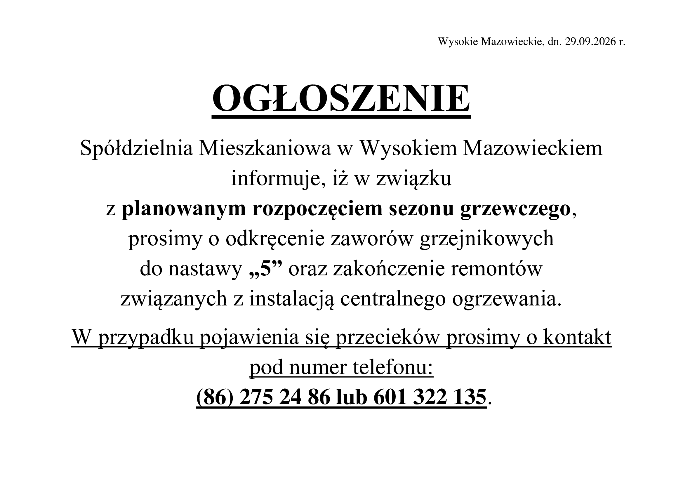 OGLOSZNIE sezon grzewczy 2025